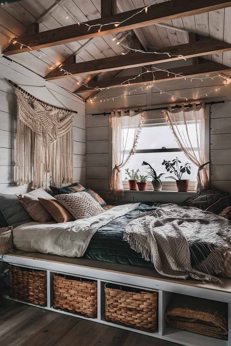 A tiny house loft bedroom with strong boho influences. A low platform bed is dressed in layers of textured bedding – linen sheets, a velvet quilt, and an assortment of patterned pillows. A large macramé wall hanging serves as a headboard. String lights are woven through the ceiling beams, casting a soft glow. Under-bed storage is visible, using woven baskets. A small window is dressed with gauzy curtains, and potted plants sit on the windowsill.