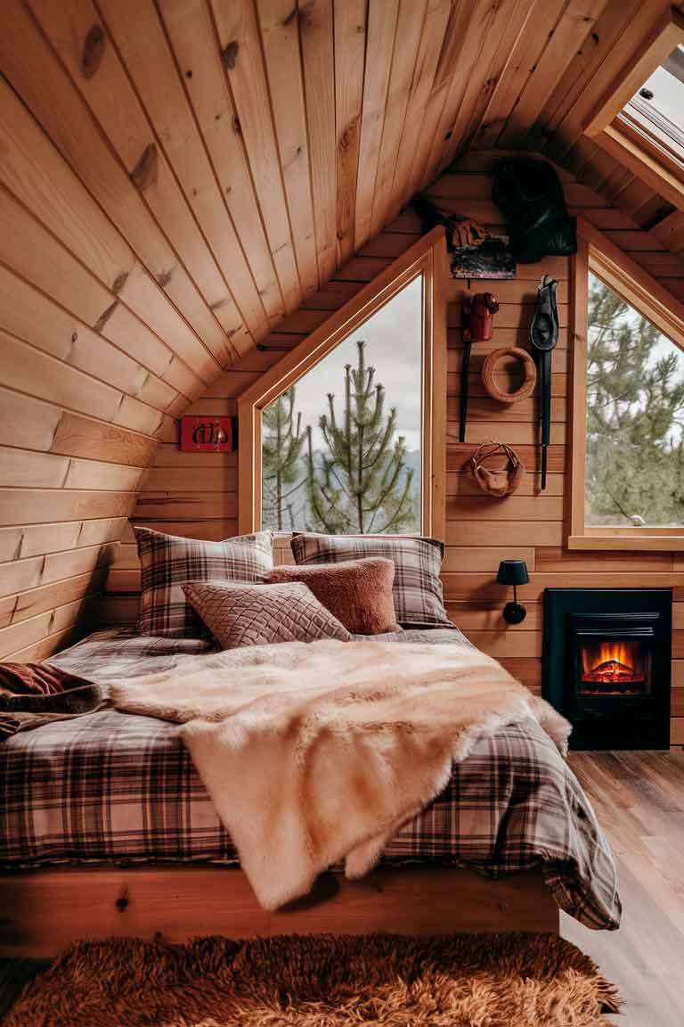 A tiny house bedroom with a cozy, cabin-inspired design. Wood-paneled walls and a slanted ceiling create a warm atmosphere. The bed is dressed in plaid linens and a faux fur throw. A small electric fireplace glows in one corner, and vintage camping gear decorates the walls. A window shows a view of pine trees outside.