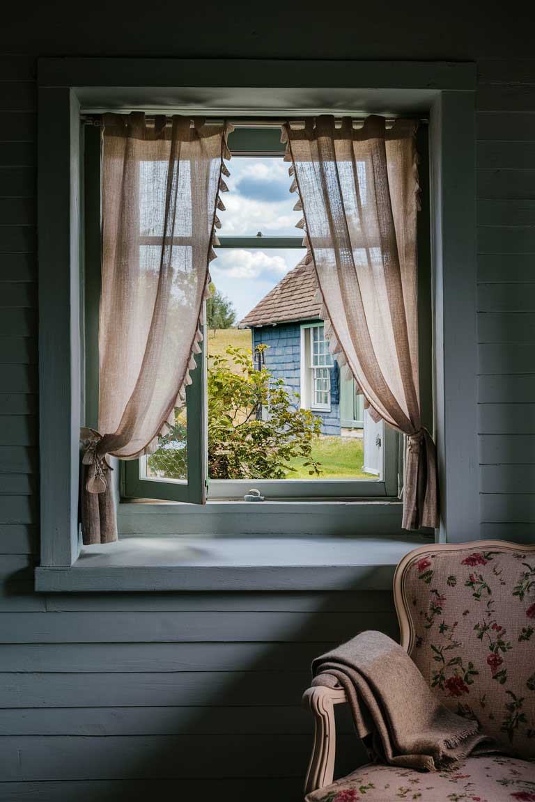 A tiny house window with flowing linen curtains, partially open to show a glimpse of the outdoors. A chair nearby is upholstered in a vintage floral cotton print, with a folded wool blanket draped over one arm.