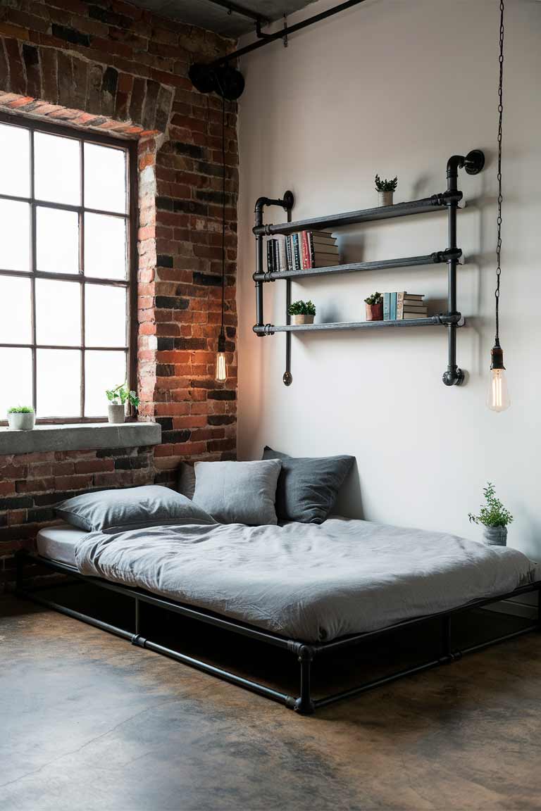 A tiny industrial-style bedroom with one exposed brick wall. A low platform bed with a black metal frame is dressed in simple gray bedding. Metal pipe shelving above the bed holds books and small plants. Edison bulb pendant lights hang on either side of the bed. The floor is polished concrete, and a large factory-style window lets in natural light.