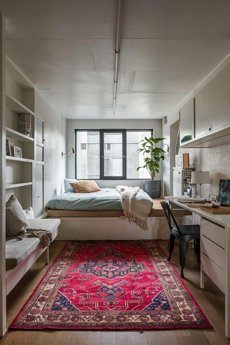 A tiny studio apartment with a sleeping area defined by a large area rug. The bed sits on a slightly raised platform, visually separating it from a small workspace in the corner. No walls divide the space, but the zones are clearly defined.