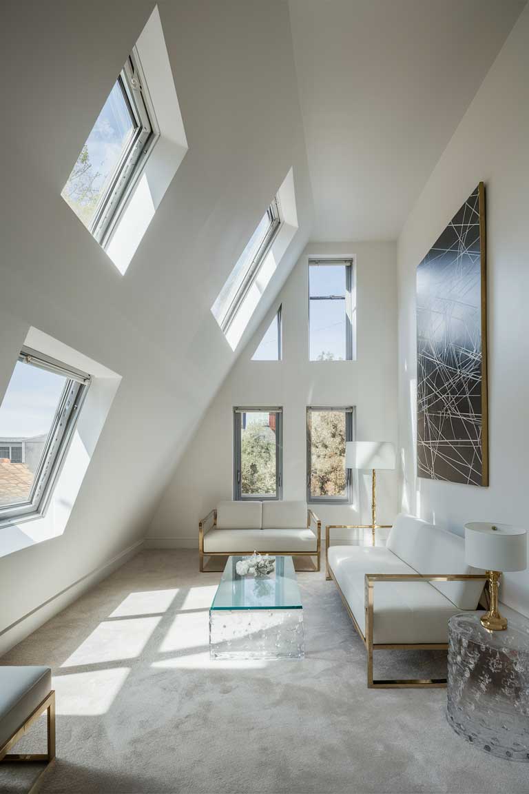 A bright, airy tiny living room with high ceilings, featuring a small white sofa, glass coffee table, and large windows. The room should have a minimalist yet elegant feel, with touches of gold accents and a single piece of modern art on the wall.