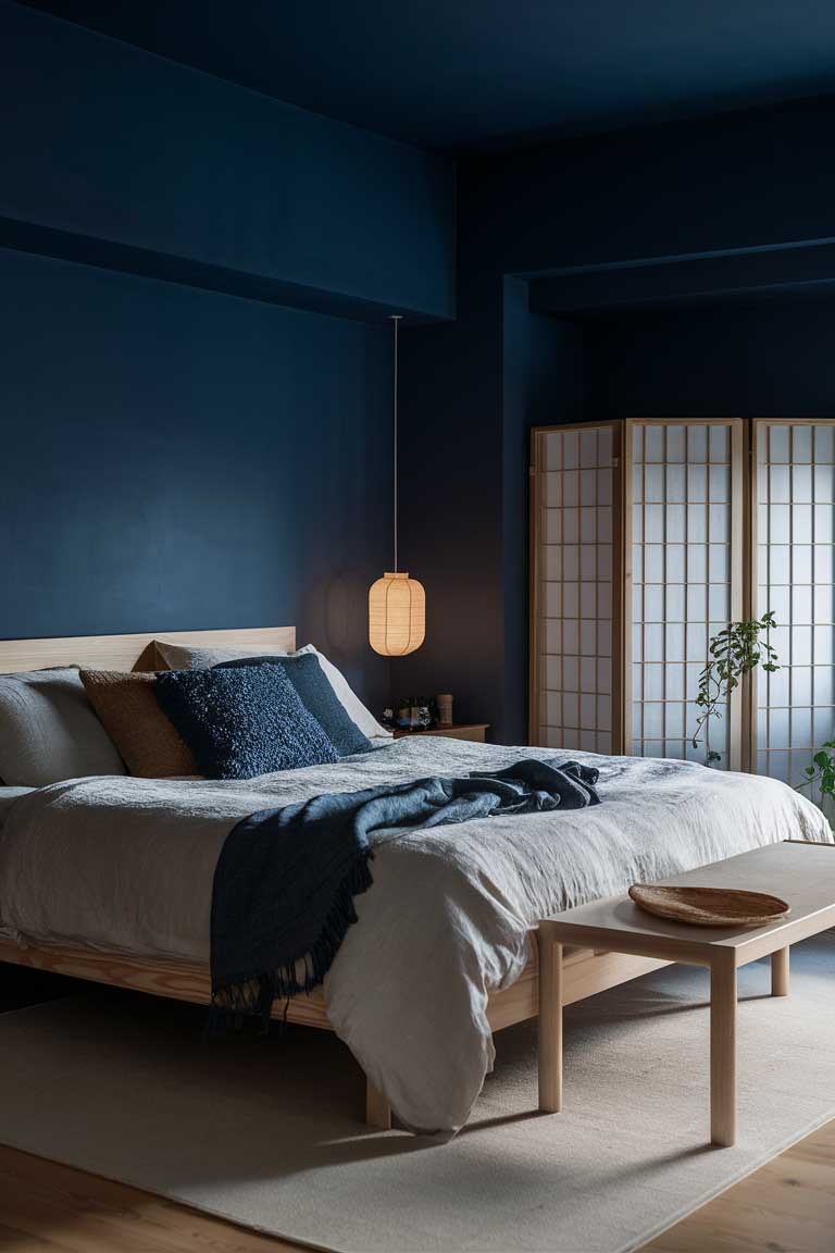 A bedroom with indigo blue walls and light wood furnishings. The bed is dressed in white linen sheets with indigo cushions. A shoji screen is visible in one corner, and a hanging paper lantern provides soft lighting.