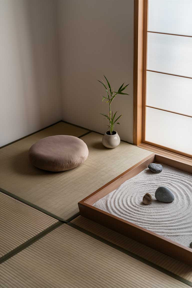 A serene corner of a bedroom with a traditional tatami mat on the floor. A low, simple wooden meditation stool sits on the mat, accompanied by a small round cushion in a muted earth tone. Next to this setup is a miniature zen garden in a wooden box, complete with fine sand and a few carefully placed stones. A single, slender bamboo plant in a ceramic pot completes the meditative atmosphere.