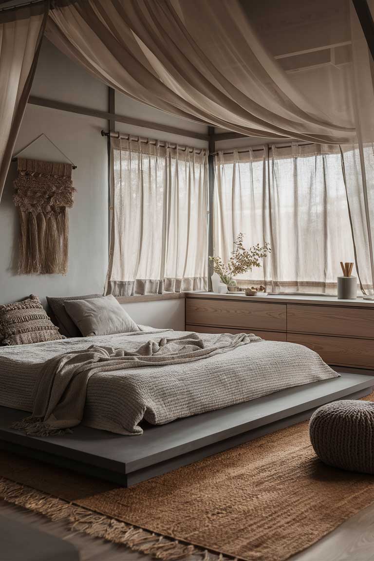 A japandi bedroom. The room features a low platform bed with layered neutral bedding, sheer curtains filtering soft light, a minimalist wooden dresser, and carefully chosen textile accents like a woven wall hanging and a jute rug. The overall atmosphere is one of calm, balance, and understated elegance.