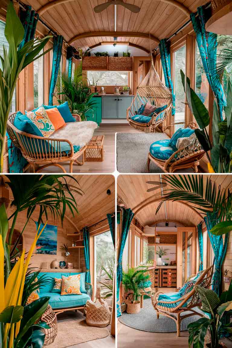 A tiny house interior designed as a tropical oasis. Rattan and bamboo furniture creates a beachy feel. Bright, tropical colors are used in textiles - think vibrant blues, greens, and oranges in cushions and curtains. A hammock chair hangs in one corner, perfect for relaxation. Tropical plants like palms and birds of paradise add lush greenery. Woven baskets and tropical-themed artwork complete the island vibe. Large windows or glass doors open to create an indoor-outdoor flow.