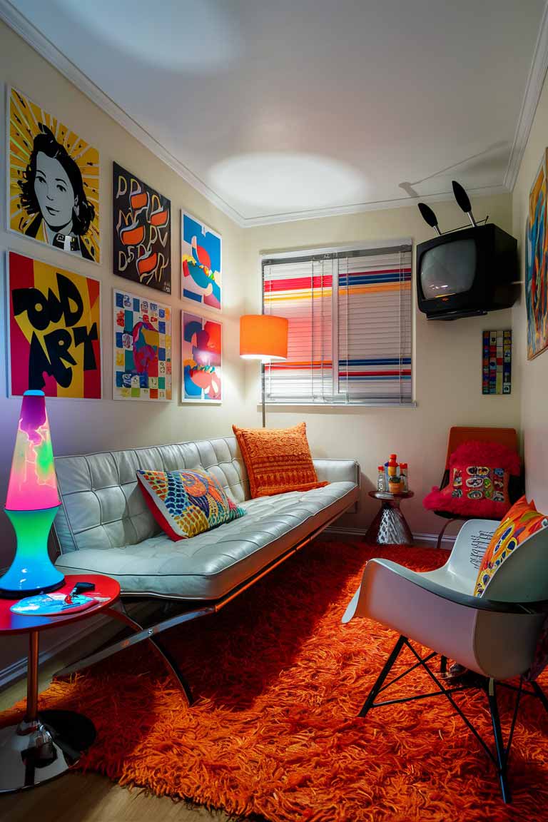 A 1960s mod-style tiny living room. The room features a low white leather sofa, a bright orange shag rug, and an Eames chair. On the walls, hang colorful pop art prints. Include a side table with a lava lamp and a wall-mounted TV with rabbit ears. The photograph should be bright and vibrant, showcasing the bold colors and clean lines characteristic of 1960s mod style in a compact living space.