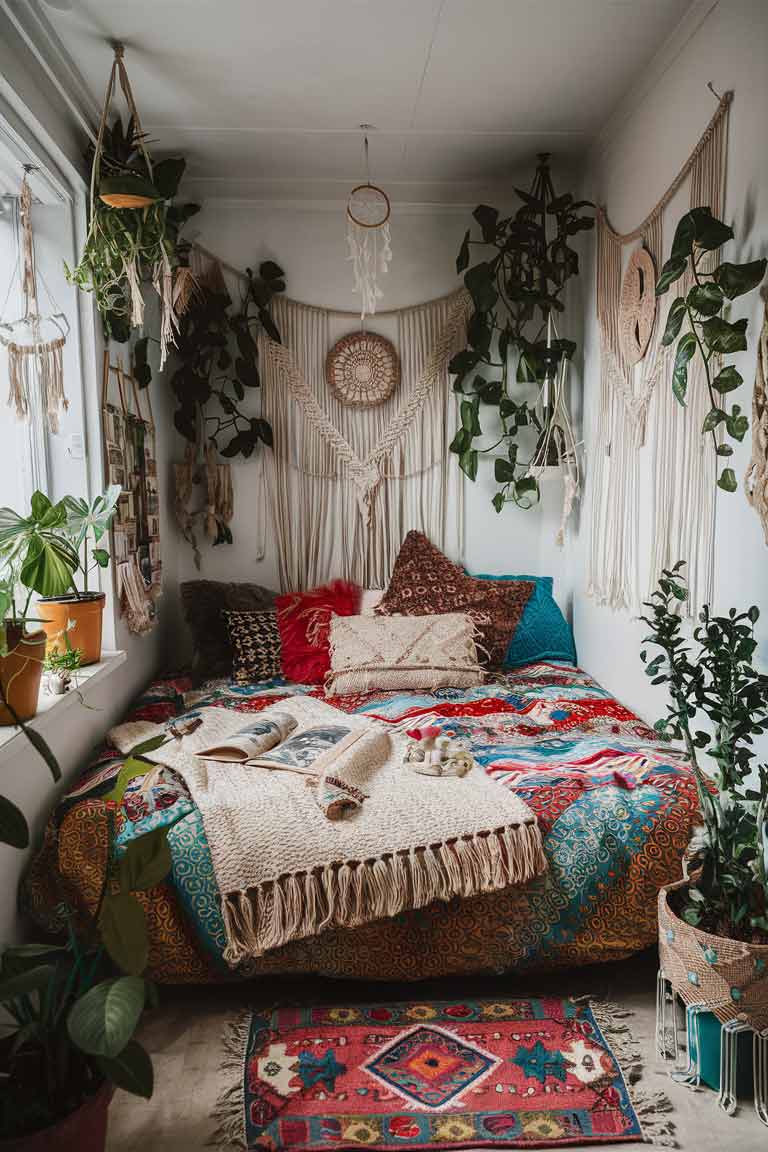 A vibrant, bohemian-style tiny house bedroom. The bed is dressed in a riot of colors and patterns, with a mix of throw pillows and a fringed blanket. Macramé hangings and dream catchers adorn the walls. Plants in various sizes are placed around the room, some hanging from the ceiling. A small, colorful rug covers the floor near the bed. The overall effect is cozy, artistic, and full of personality.