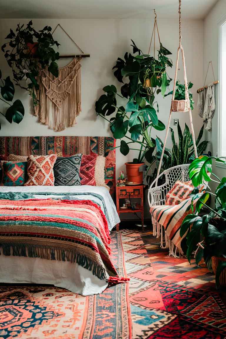 A tiny boho-chic bedroom bursting with color and texture. A bed with a wooden frame is piled high with pillows in various patterns and colors. Above the bed hangs a large macramé wall hanging. Multiple potted plants of different sizes are scattered around the room. A small hanging chair in the corner is draped with a colorful throw blanket. The floor features overlapping patterned rugs.