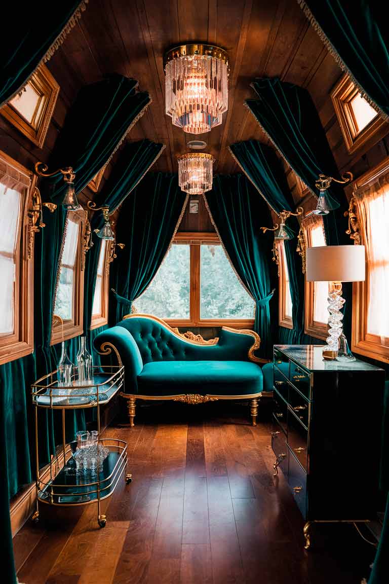 A tiny house interior with a vintage Hollywood glamour feel. Rich, jewel-toned velvet curtains frame the windows. A small but elegant chaise lounge in emerald green velvet serves as the centerpiece. Ornate, gold-framed mirrors adorn the walls, creating the illusion of more space. A compact bar cart in gold metal and glass stands ready for entertaining. A Crystal light fixture and lamp provide warm, flattering light.  Despite the small space, the overall atmosphere is one of luxury and sophistication.