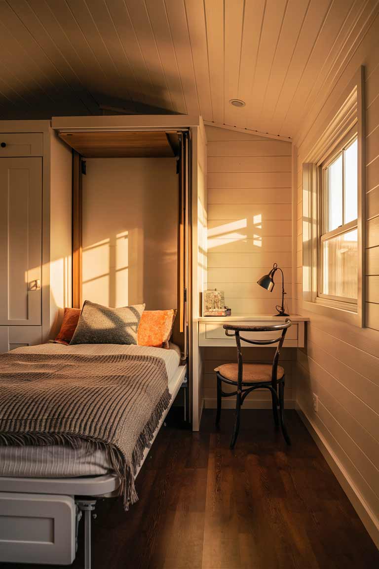 A bright, airy tiny house bedroom with a Murphy bed against a white wall. Next to it, a small desk and chair are visible, showing how the space can be used during the day. Warm sunlight streams through a nearby window, highlighting the efficient use of space.