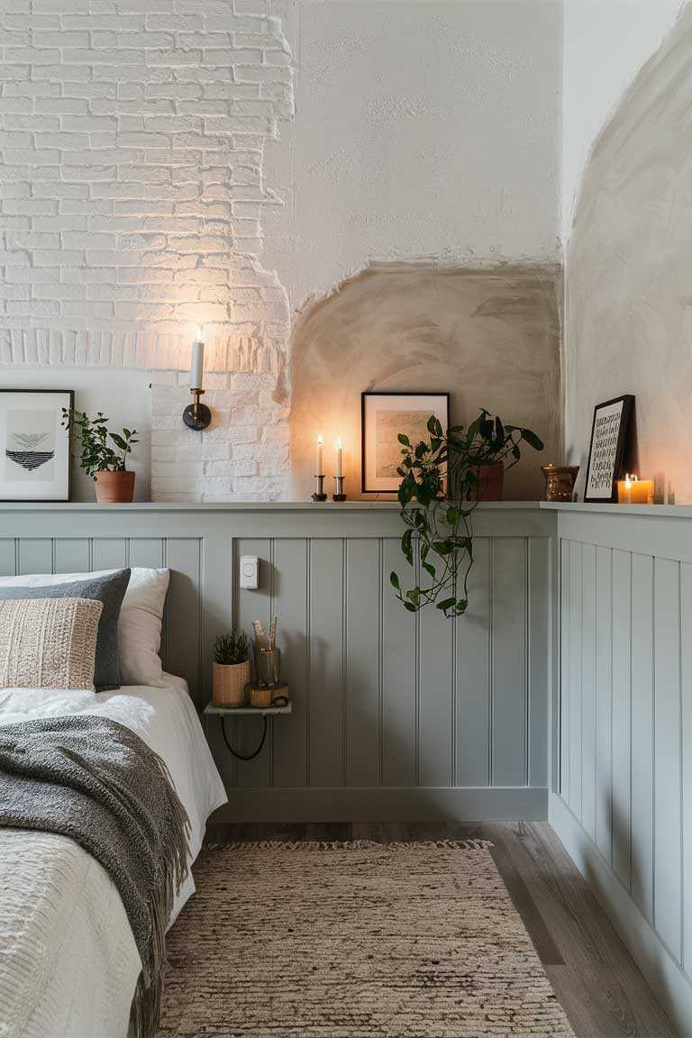 A bedroom wall featuring a combination of textures. One section is exposed brick, painted white to maintain a light, airy feel. Another section features rough plaster with a subtle, hand-troweled texture. A small portion of the wall showcases horizontal shiplap paneling, painted in a soft, warm gray.