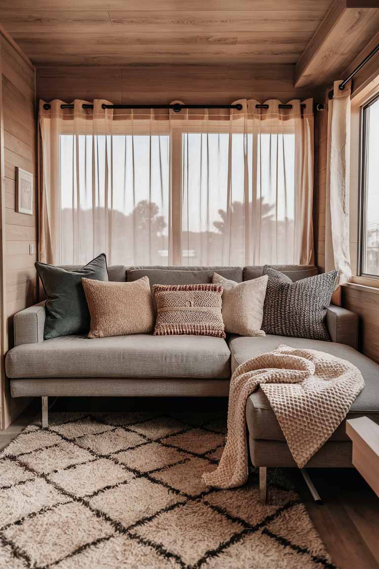 A cozy tiny house living room showcasing clever use of textiles. A plush area rug in a geometric pattern defines the seating area. The sofa is adorned with an array of throw pillows in complementary colors and textures. A soft throw blanket is draped over one arm of the sofa. Sheer curtains at the window add privacy while still allowing light to filter through.