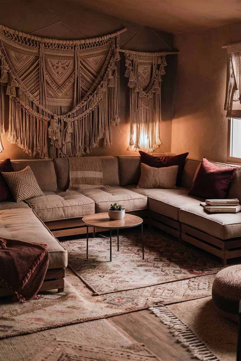 A cozy small living room with an L-shaped sectional sofa in earthy tones, layered rugs on the floor, and a large macramé wall hanging. Include tribal patterned throw pillows and a small round coffee table. The lighting is warm and inviting.