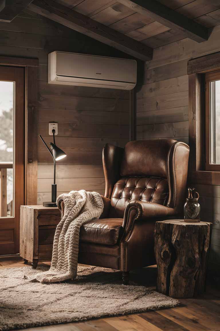 A cozy corner of a rustic tiny living room focused on comfort. The image shows a plush leather armchair with a high back, perfect for relaxing. Next to it is a rustic wooden side table with a modern touch lamp for easy reading. A soft, chunky knit throw is draped over the chair, and a plush area rug underfoot adds warmth and comfort. In the background, a small, sleek mini-split air conditioning unit is visible, painted to match the wall color for a discreet appearance.