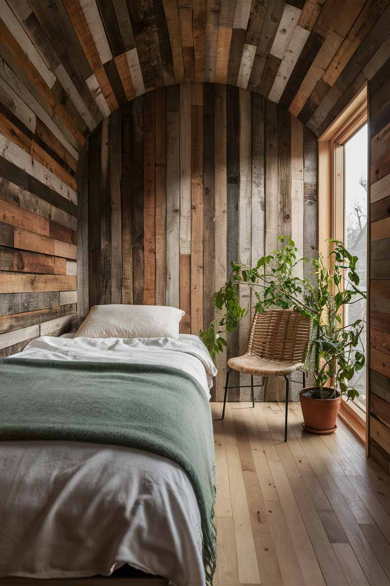 A cozy tiny bedroom with reclaimed wood walls. The bed has a green wool blanket and white organic cotton sheets. A small, modern chair made from sustainable materials sits in the corner next to a potted plant.