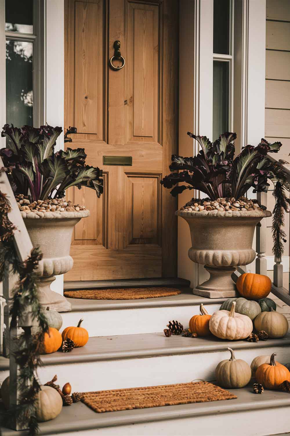 A front porch with a natural wood door flanked by two large planters filled with ornamental kale in shades of deep green and pale purple. A collection of small pumpkins in muted orange, tan, and sage green tones is artfully arranged on the steps.