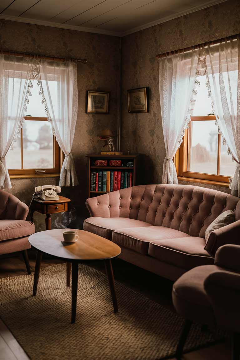 A cozy 1940s-inspired tiny living room with floral wallpaper in muted tones. The room features a dusty rose tufted sofa, a wooden coffee table with rounded edges, and lace curtains on the windows. Include a vintage rotary phone on a side table and a small bookshelf filled with classic novels. The photograph should be warm and inviting, with soft natural light filtering through the lace curtains to highlight the room's retro charm.