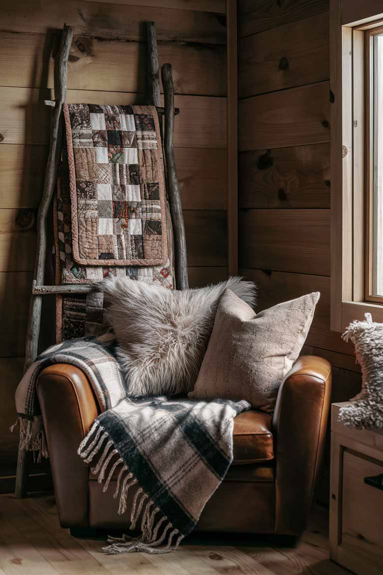 A cozy corner of a rustic tiny living room focusing on textiles. The image shows a small leather armchair draped with a plaid wool throw blanket. On the chair are two throw pillows - one in faux fur and another featuring a subtle earth-toned pattern. A handmade quilt with a traditional pattern is folded neatly on a nearby wooden ladder, ready for use or display.