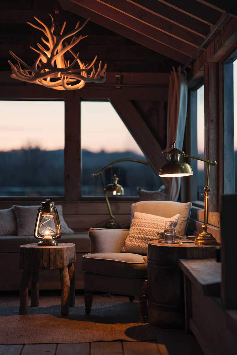 A cozy corner of a rustic tiny living room at dusk. The image showcases layered lighting with a small antler chandelier overhead, a vintage lantern on a wooden side table, and a brass reading lamp next to an armchair. The warm glow of the lights accentuates the rustic textures and creates a inviting atmosphere.