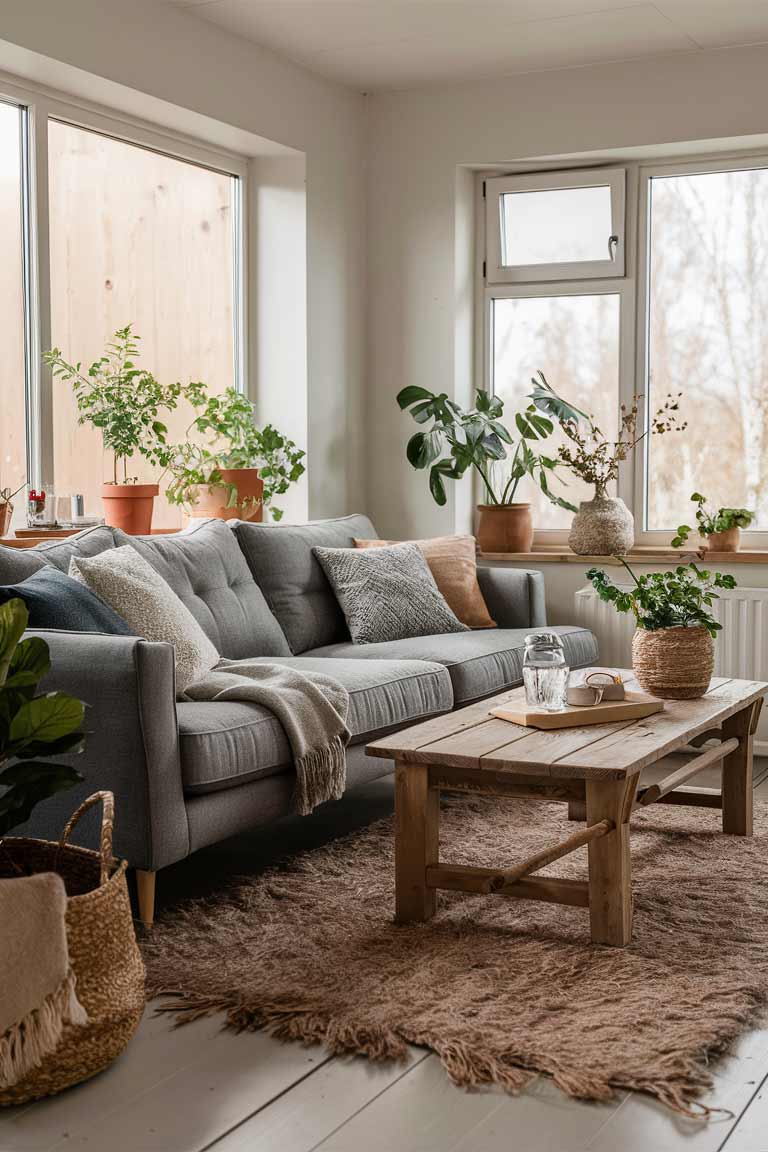 A cozy Scandinavian-style living room with a grey sofa, a wooden coffee table, and a large window that floods the space with natural light. Woven baskets, a wool rug, and a few potted plants add warmth and texture.