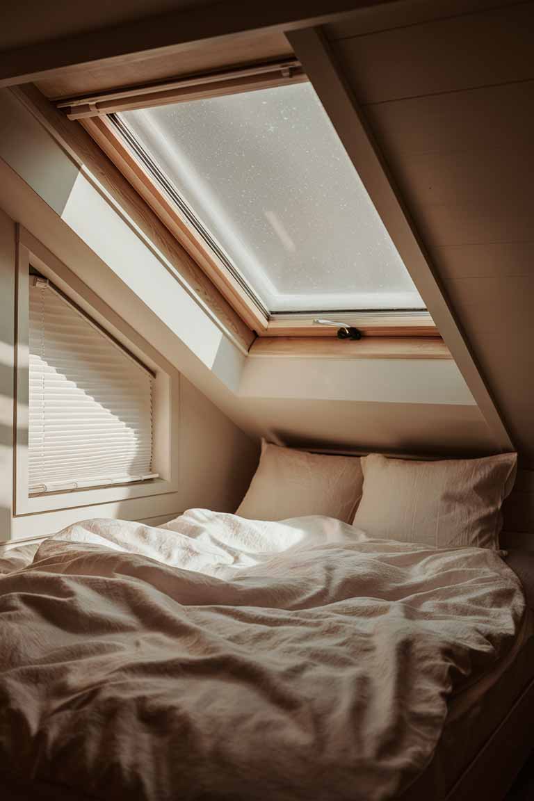 A tiny bedroom with a large skylight positioned directly above the bed. The bed is made up with crisp white linens, inviting stargazing. Light-filtering roller blinds are partially drawn on a side window. 