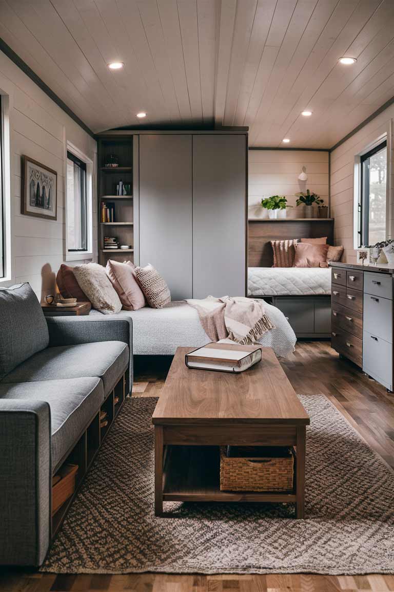 A compact living room in a tiny house showcasing multi-functional furniture. A modern gray sofa with built-in storage compartments underneath is visible. In front of it is a wooden coffee table with a lift-top revealing storage space inside. To the side, a stylish daybed with throw pillows that can double as guest sleeping space. On the far wall, a Murphy bed is shown in both closed (looking like a sleek cabinet) and open positions.