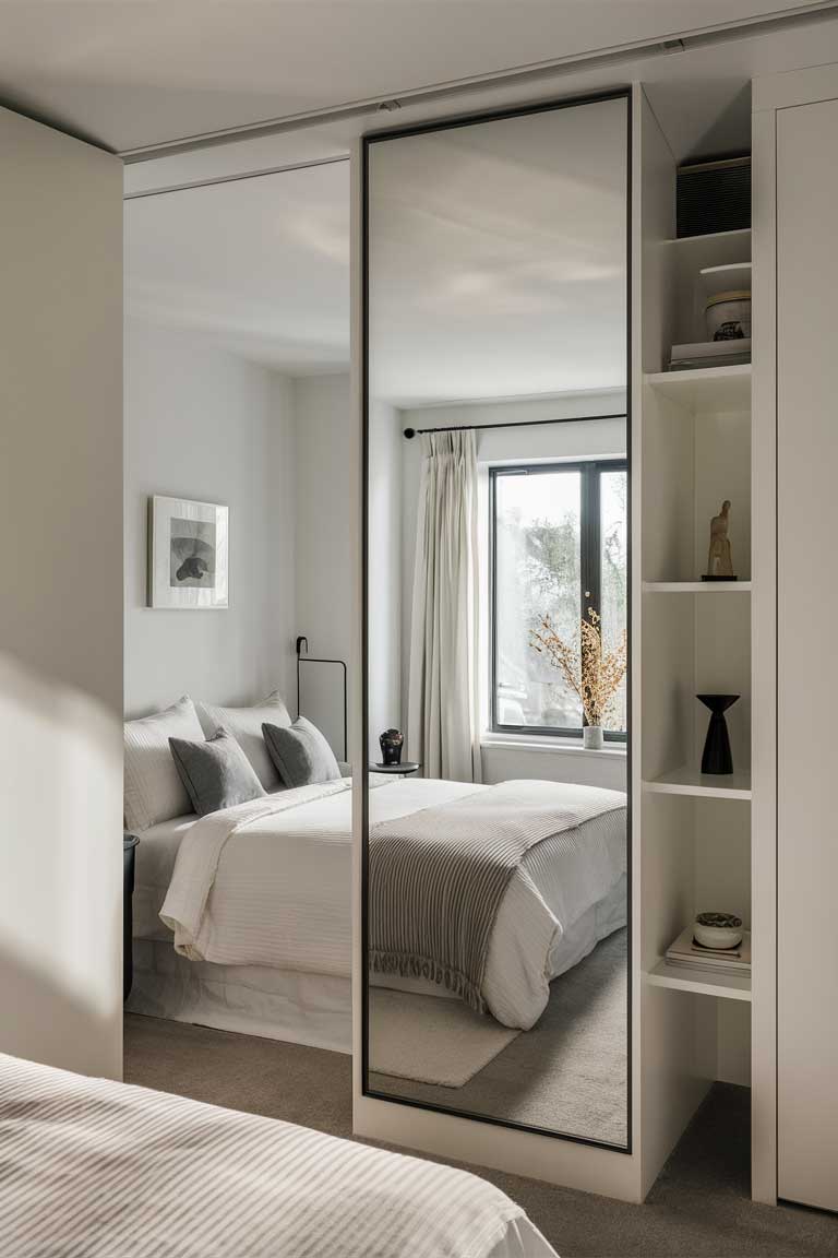 A small bedroom with a full-length mirror strategically placed to reflect light from a window, making the room appear larger. The mirror's frame is slim and matches the room's minimalist aesthetic.