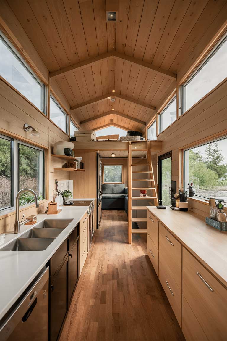 A well-lit, open-concept Japanese tiny house interior with clean lines, minimal furnishings, and a seamless transition between different living zones.