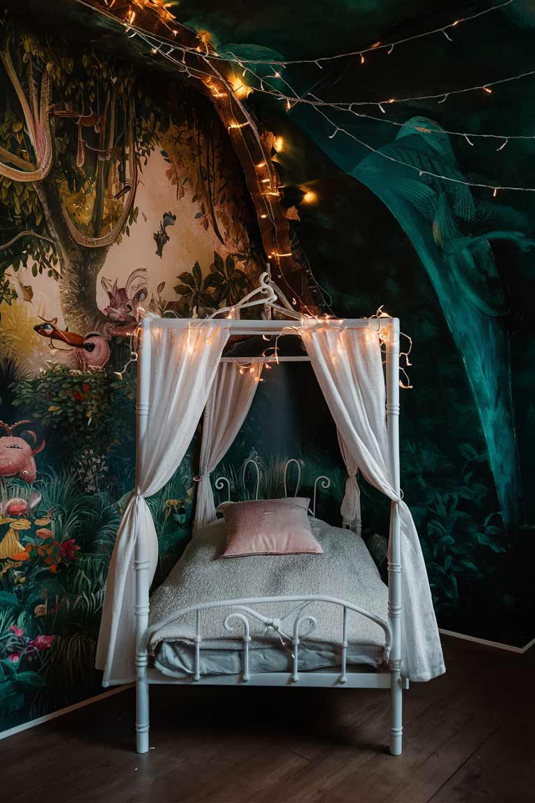 A tiny bedroom with a stunning wall mural depicting an enchanted forest. A small canopy bed with white curtains sits against the mural. The other walls are painted a deep green, and fairy lights are strung across the ceiling, creating a magical atmosphere.