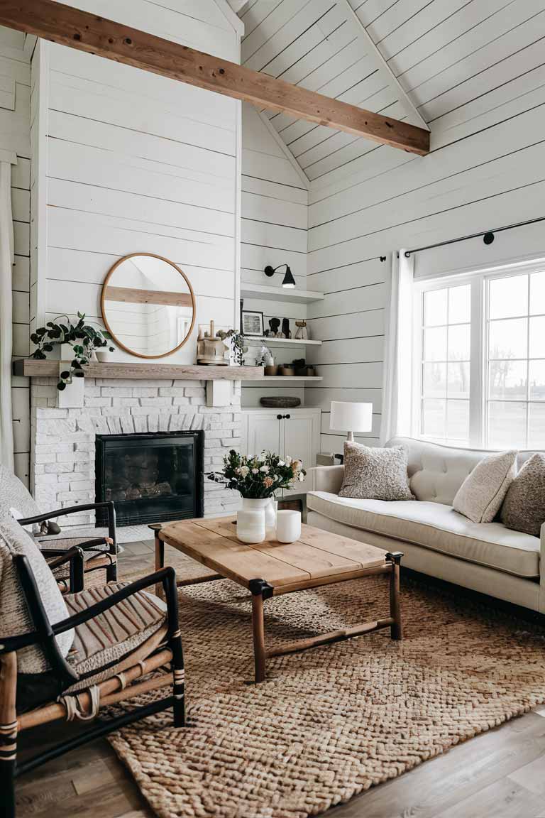 A white minimalist farmhouse living room with a mirror over the fireplace.