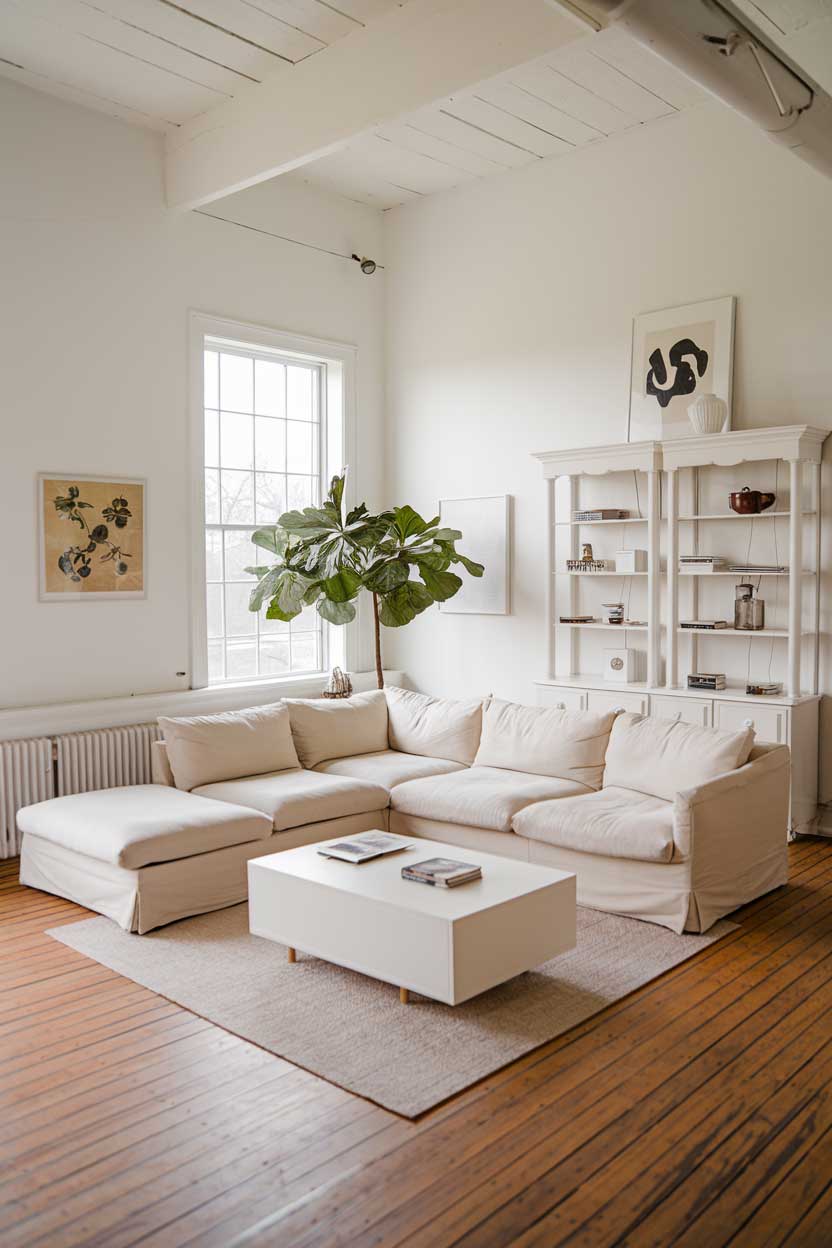 A white minimalist farmhouse living room with a beige sectional sofa, a white coffee table, and a white bookshelf. There is a potted plant near the window. The floor is made of wooden planks. The walls have some artwork.