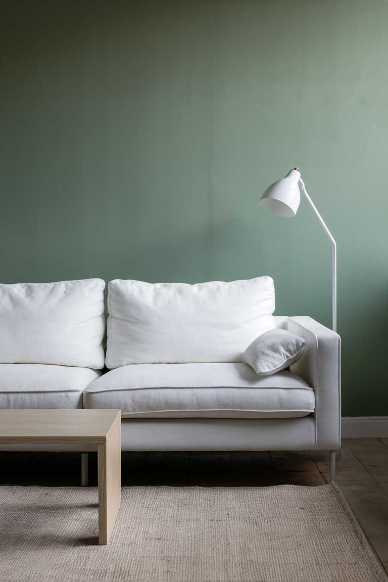  A white minimalist sofa with clean lines against a sage green wall.