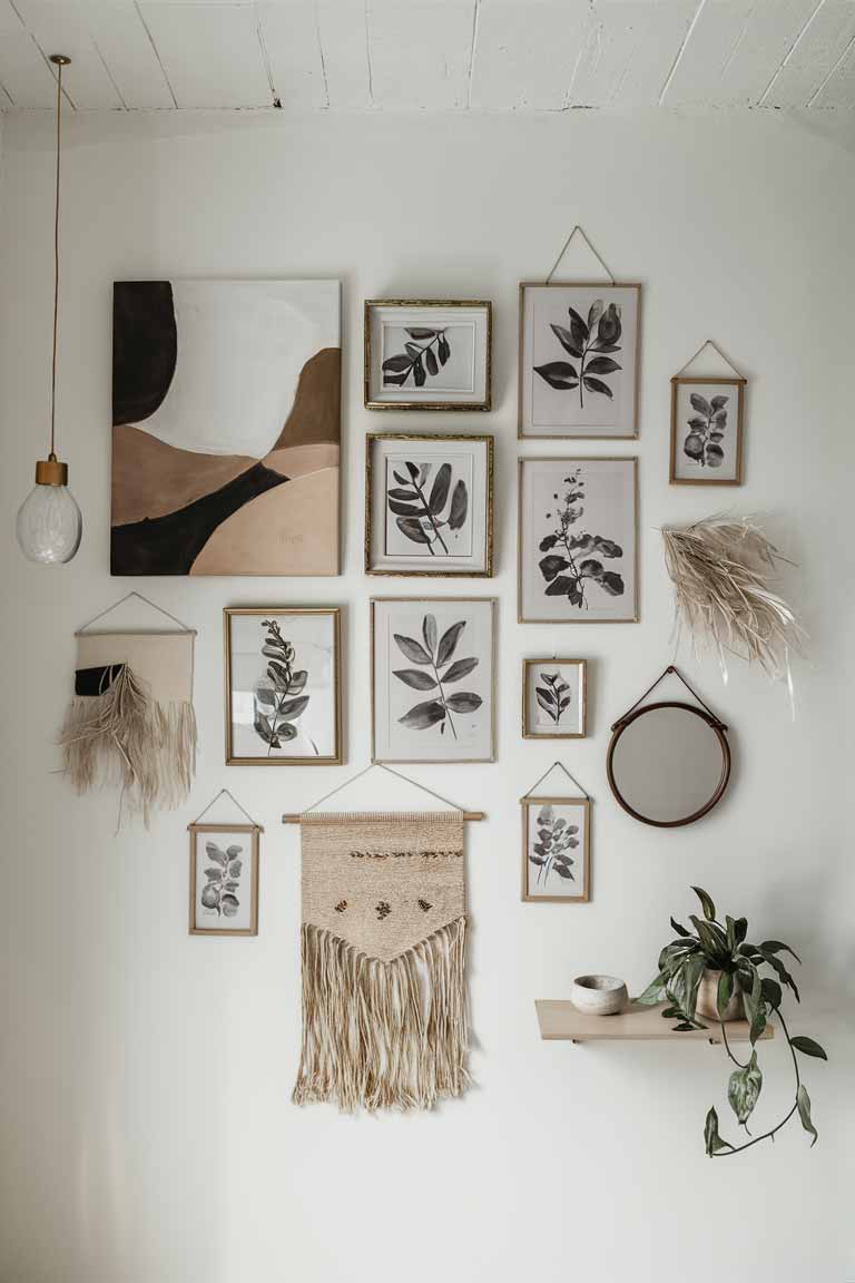 A white wall adorned with a carefully arranged collection of art pieces. The gallery includes a large abstract painting in muted earth tones, a few smaller framed botanical prints, a woven wall hanging with subtle geometric patterns, and a small round mirror with a simple wooden frame. The arrangement is asymmetrical but balanced, with plenty of white space between pieces. A potted plant on a floating shelf below adds a touch of greenery to the composition.