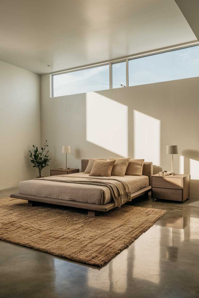 A wide shot of a minimalist bedroom with polished concrete floors. A large, textured area rug in a neutral tone anchors the bed area, adding warmth to the industrial aesthetic.