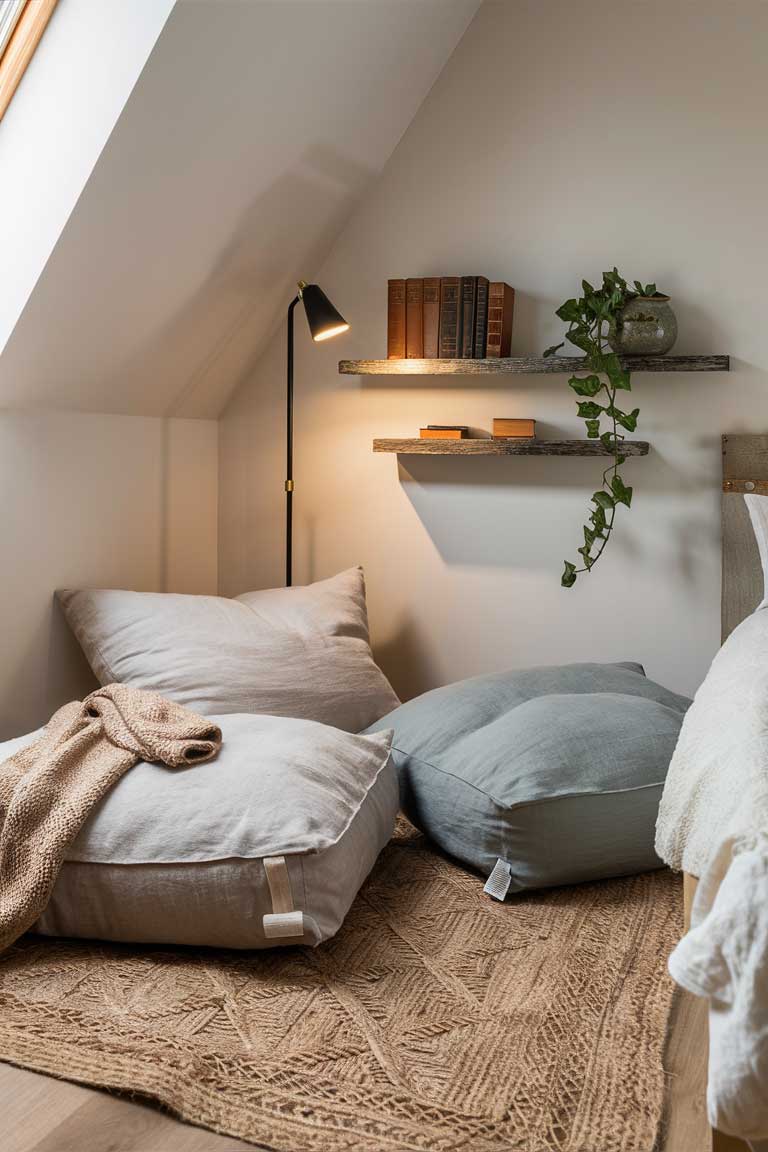 A wide-angle shot of a bedroom corner transformed into a cozy reading nook. Two large floor cushions in natural linen and soft gray are arranged on a small round jute rug. A slim floor lamp arches over the space, and a floating shelf above holds a few books and a small plant.