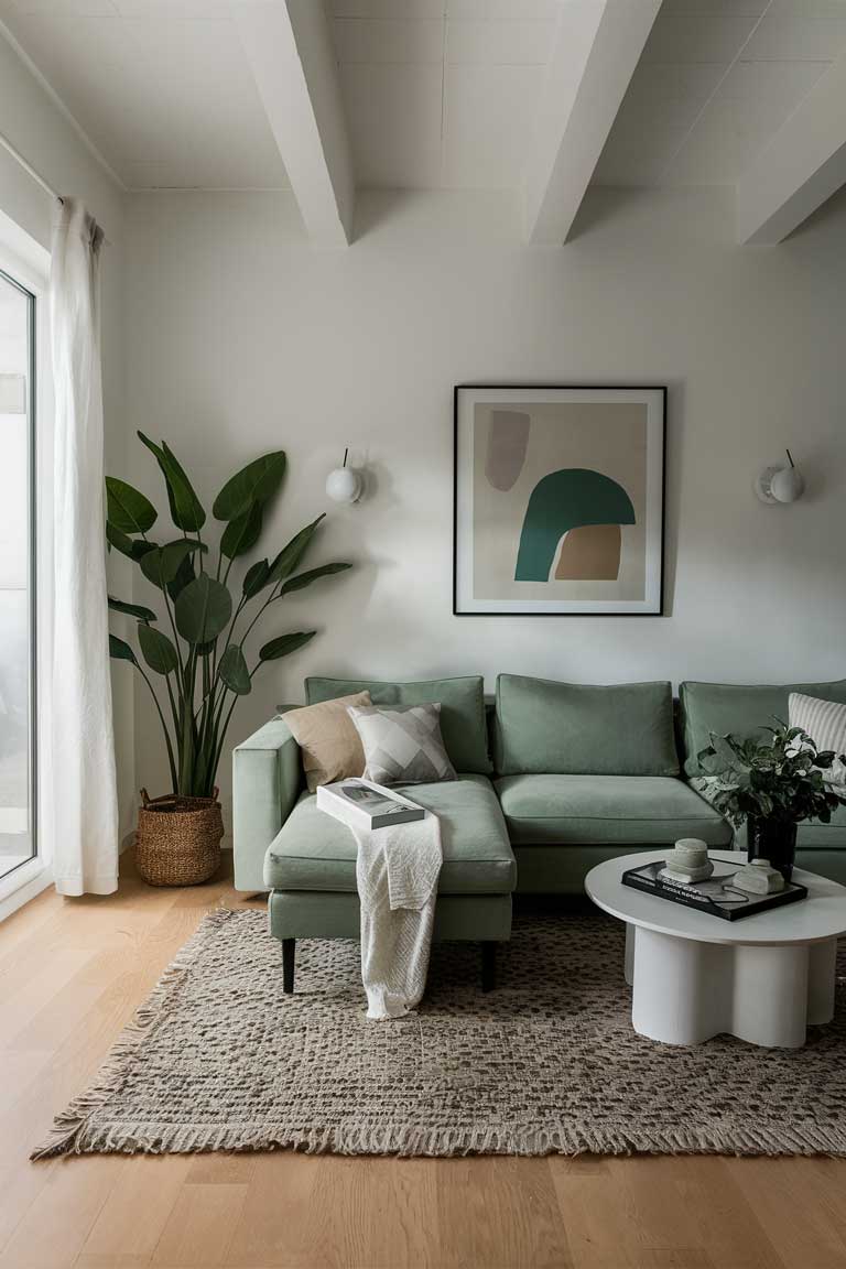 A wide-angle shot of a sage green minimalist living room