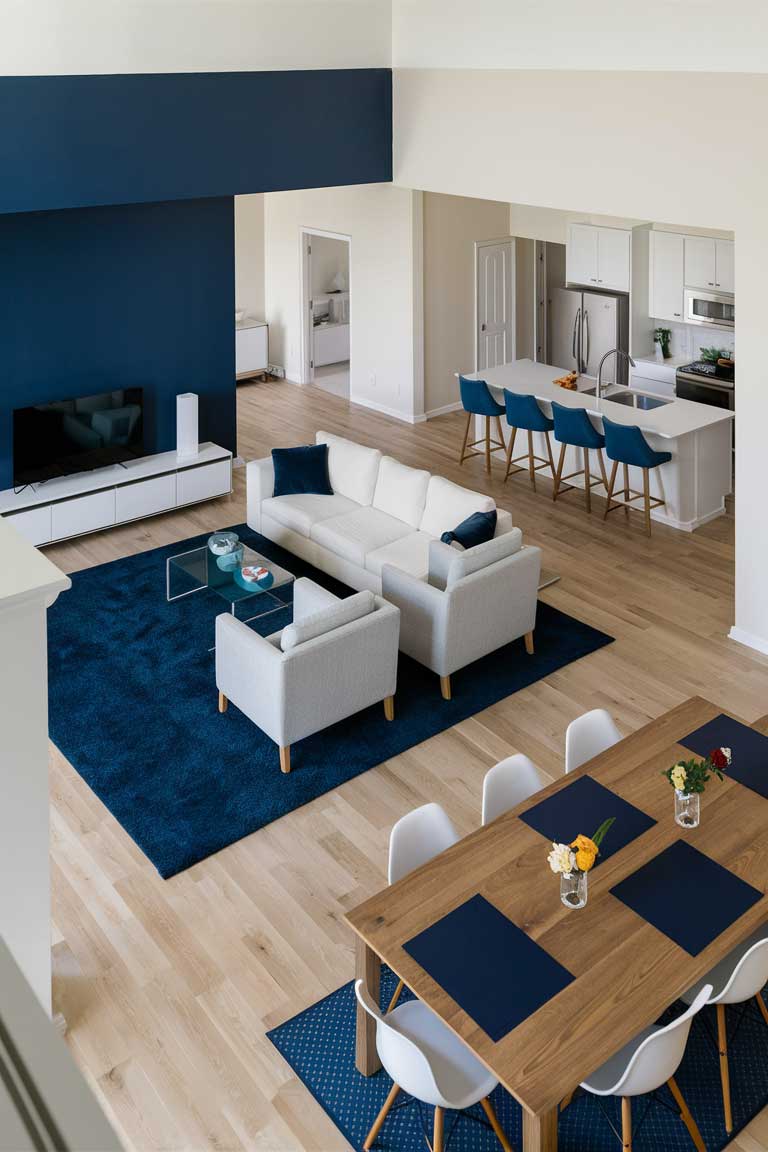 A wide-angle shot of an open concept living space. The living room area is defined by a navy blue accent wall and a large navy blue area rug. A white sofa and two light gray armchairs face a minimalist entertainment unit. The space flows into a dining area with a wooden table and white chairs, where navy blue placemats provide a color connection. In the background, a white kitchen with navy blue bar stools at the island is visible. The image showcases how to use navy blue to define a living area in an open concept space while maintaining a cohesive look.