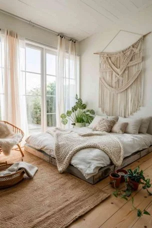 A wide-angle view of a bright, airy bedroom with white walls and natural light streaming in through large windows. The room features a low wooden bed with white linen bedding and a textured throw. A large macramé wall hanging is visible above the bed, and there's a jute rug on the wooden floor. A rattan chair sits in the corner with a small potted plant nearby. The overall aesthetic is clean and minimalist with subtle boho touches.