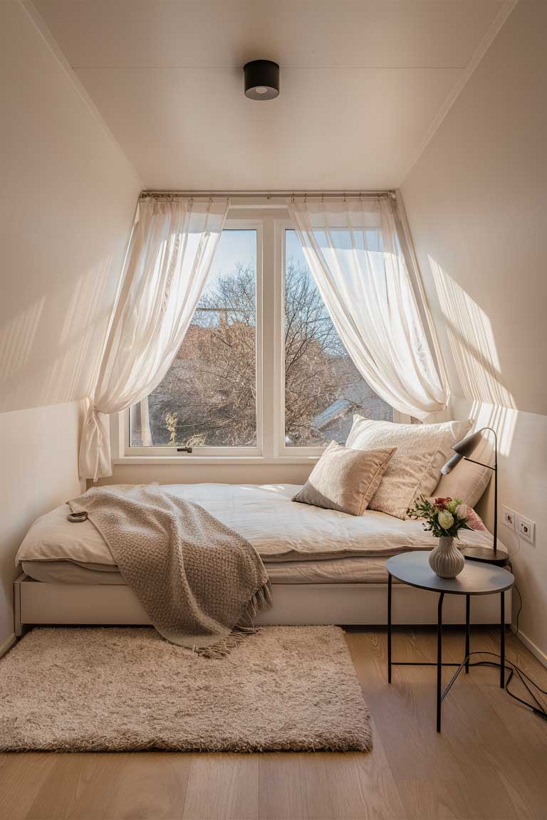 A wide-angle view of a small bedroom with a large window covered by sheer, white curtains. The sunlight filters through, creating a soft, ethereal glow in the room. The furniture is minimal, with a low bed and a simple side table, allowing the natural light to be the focal point.