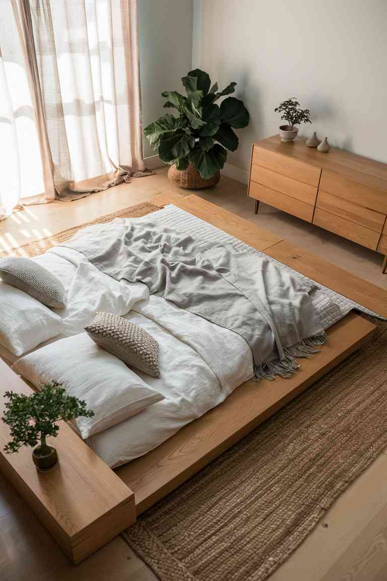 A wide-angle view of a Japandi-style bedroom featuring a low wooden platform bed with integrated nightstands. The bed is dressed in crisp white and light gray linens. A minimalist wooden dresser with clean lines is placed against one wall, and a large potted fiddle leaf fig tree stands in the corner, adding a touch of nature to the serene space.