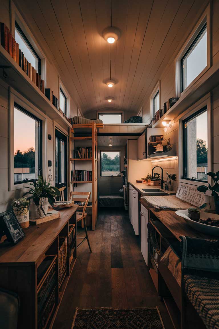 A wide-angle view of a tiny house interior at dusk, soft warm lighting illuminating the space. The image should capture the essence of vintage charm in a small space - from the carefully curated furniture to the thoughtful decor. Show a mix of eras and styles cohesively blended, with modern conveniences subtly integrated. The space should look lived-in and loved, with books, plants, and personal touches visible, creating an inviting and characterful tiny home.