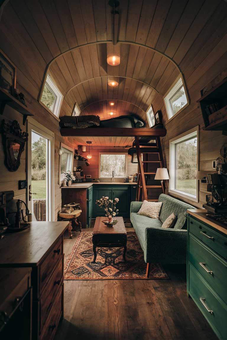 A wide-angle view of a tiny house interior with vintage decor, showing a small living area with a retro sofa, antique coffee table, and old-fashioned lighting. The space should look cozy and inviting, with warm lighting and rich textures.