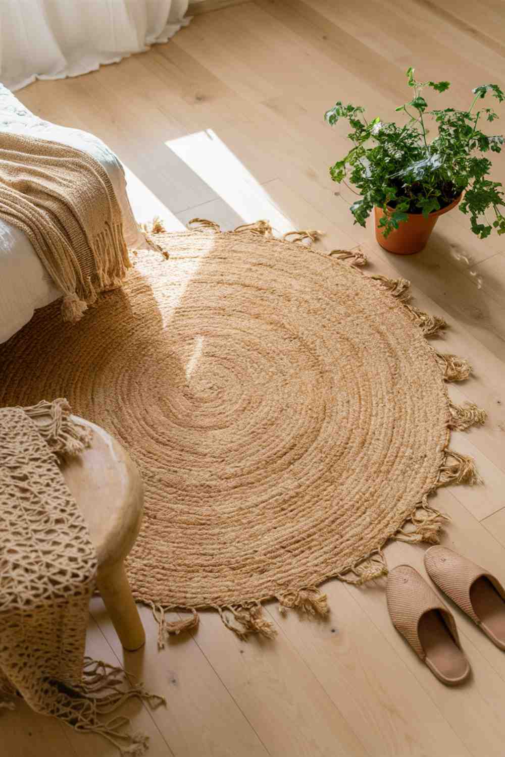 A wide shot of a minimalist boho bedroom floor. The base is light hardwood flooring. In the center of the room is a large, round jute rug with a subtle spiral pattern. The edges of the rug are visible, showing how it adds warmth and texture to the space without overwhelming it.