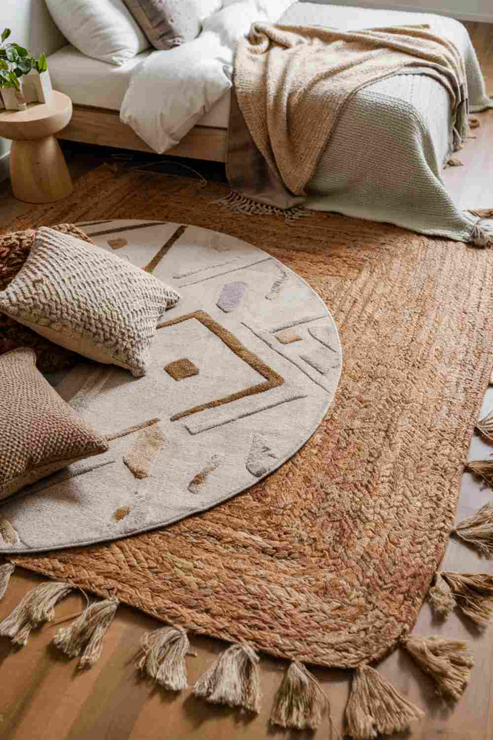 A wide shot of a minimalist boho bedroom floor featuring layered rugs. A large, natural jute rug covers most of the hardwood floor. Layered on top of it is a smaller, softer rug with a subtle geometric pattern in muted earth tones. The layered rugs add depth and interest to the floor while maintaining the room's calm, earthy vibe.