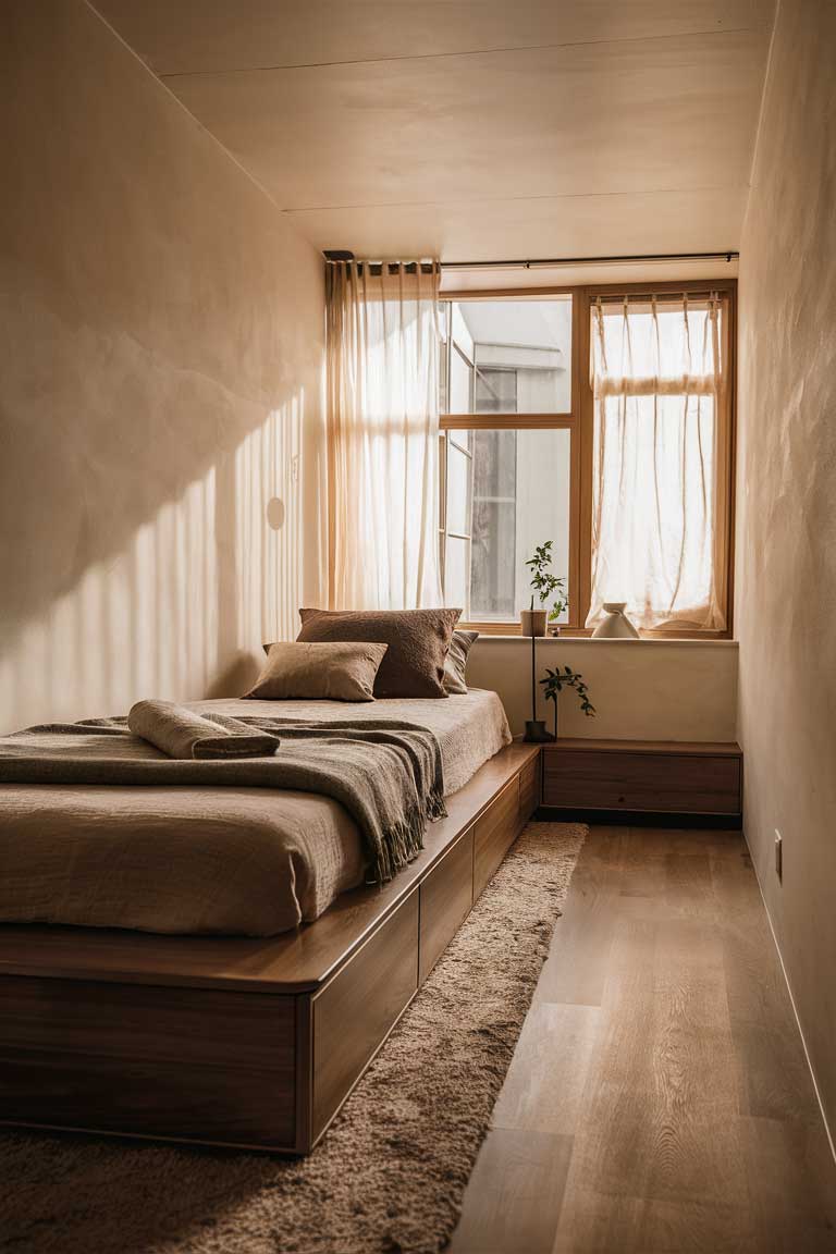 A wide shot of a small bedroom with a low platform bed placed against the longest wall. The bed has built-in drawers underneath for storage. The placement allows for a clear pathway through the room and makes the space feel more open.