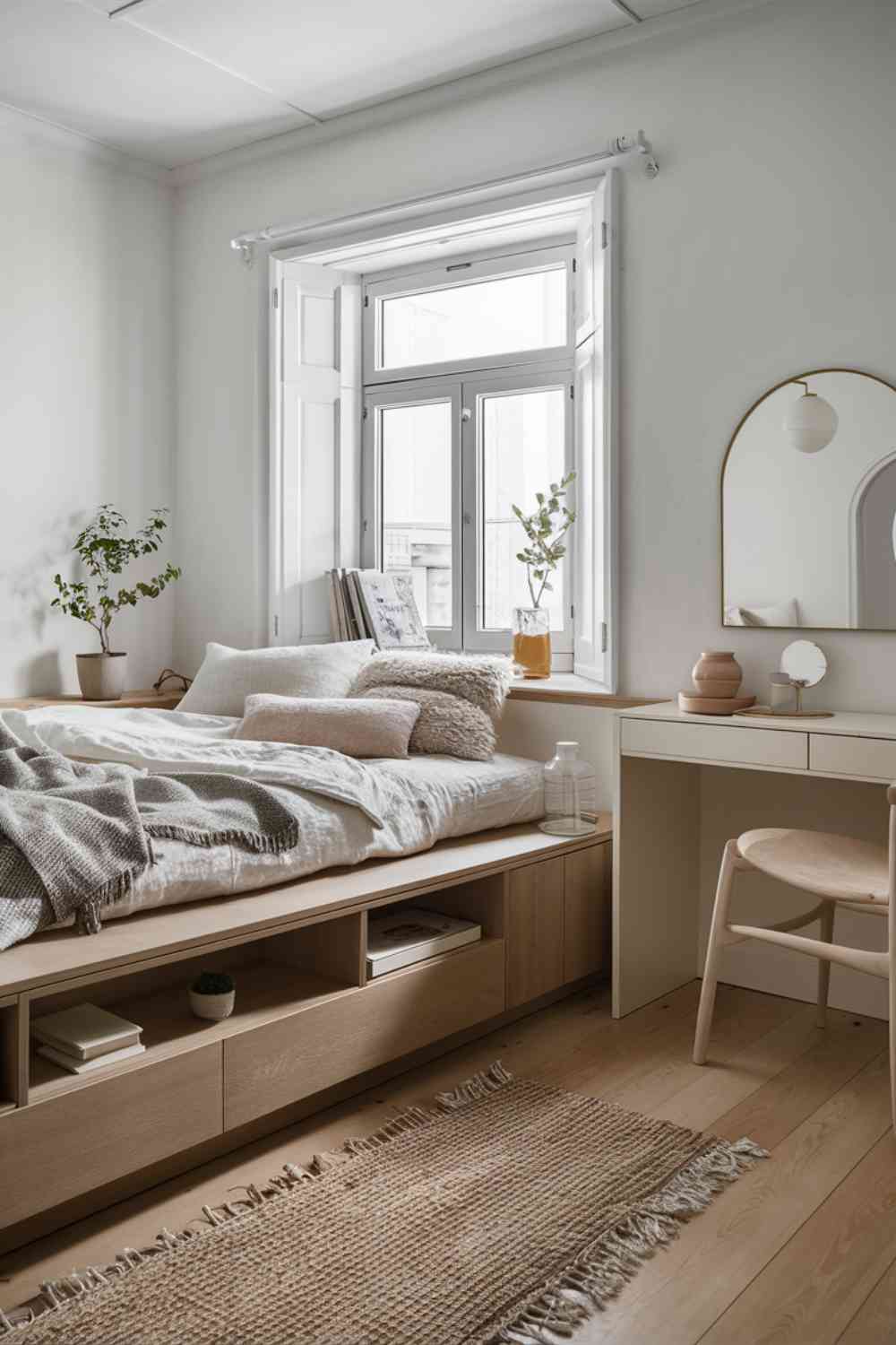 A wide shot of a Scandinavian minimalist bedroom showcasing functional furniture. A low platform bed with built-in drawers is the centerpiece. Next to it, a sleek nightstand with both open shelving and a closed cabinet provides storage. A simple desk doubles as a vanity, with a minimalist chair tucked underneath.