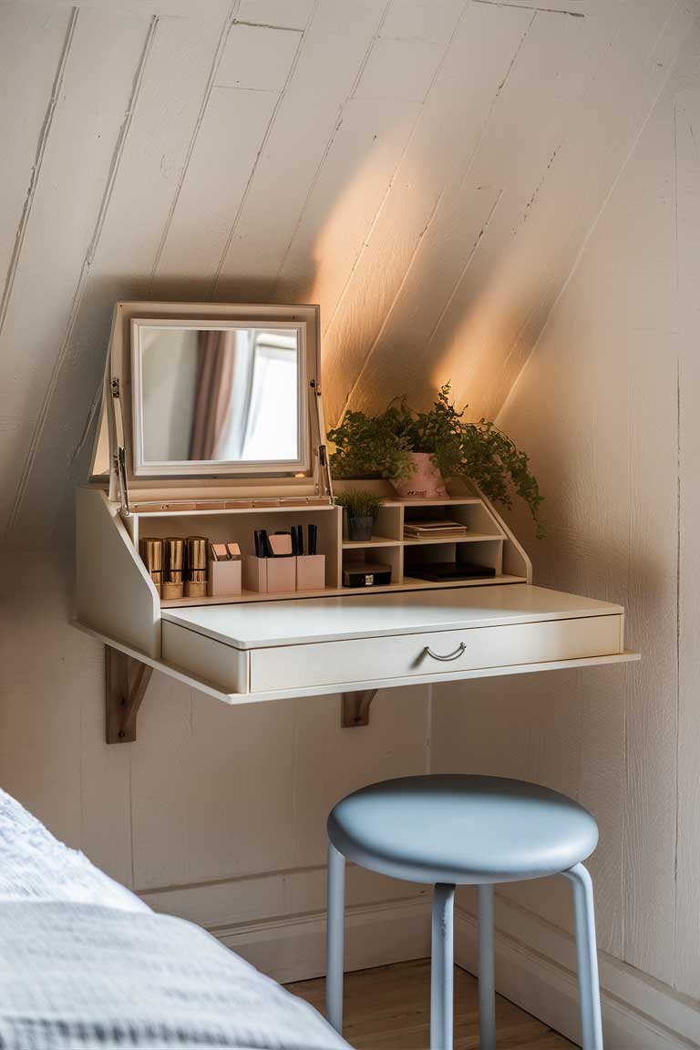 A wide shot of a small bedroom corner featuring a floating desk mounted on the wall. The desk has a fold-down top that's currently open, revealing a mirror on the underside and small compartments for storing makeup or office supplies. A sleek, backless stool is tucked underneath.