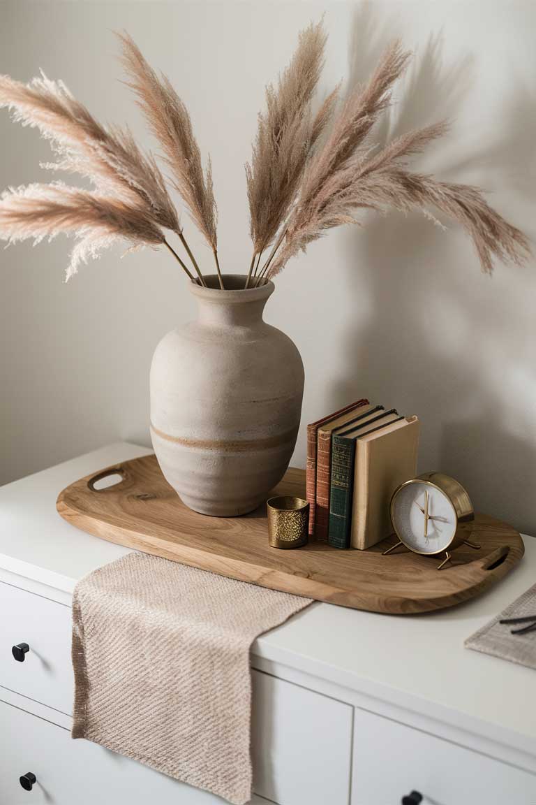 A wide shot of a dresser top featuring a tall, slender ceramic vase in a matte finish, holding a few stems of fluffy pampas grass. The vase is positioned off-center, with a simple wooden tray holding a few personal items beside it. The arrangement is both decorative and functional.