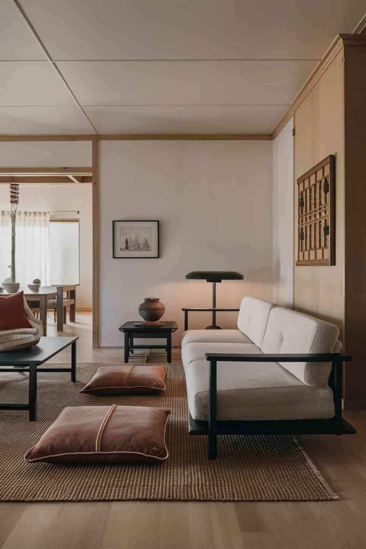 A wide shot of a Japandi living room that clearly shows the blend of Japanese and Scandinavian elements. Include a sleek, Scandinavian-style sofa with clean lines, paired with traditional Japanese floor cushions. A minimalist floor lamp next to a low table with a Japanese ceramic vase illustrate the balance between the two styles.